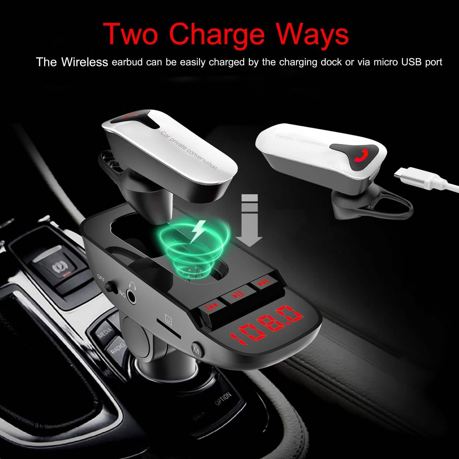 Car FM Transmitter with Wireless Earpiece 2 USB Charge Ports by DailySale