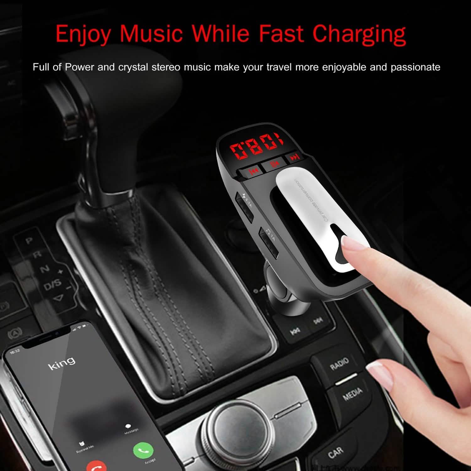 Car FM Transmitter with Wireless Earpiece 2 USB Charge Ports by DailySale