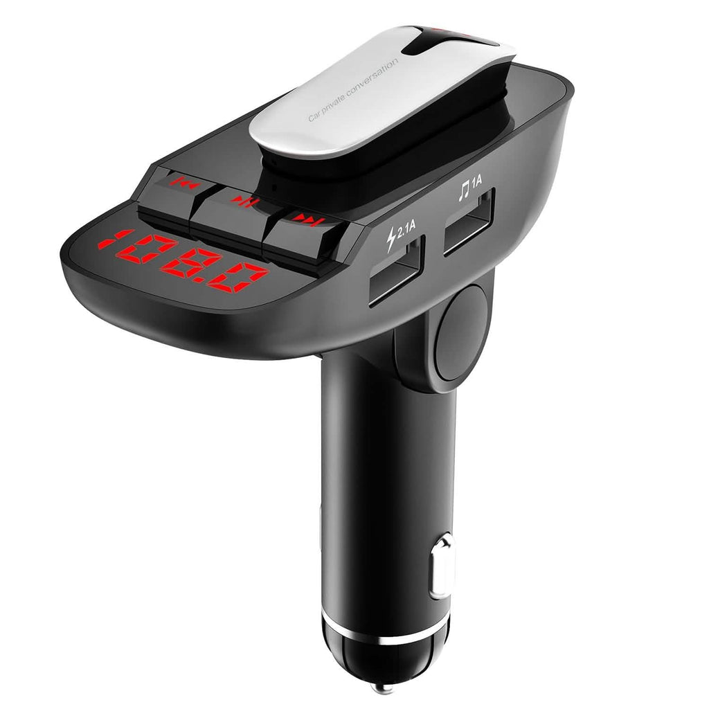 Car FM Transmitter with Wireless Earpiece 2 USB Charge Ports by DailySale