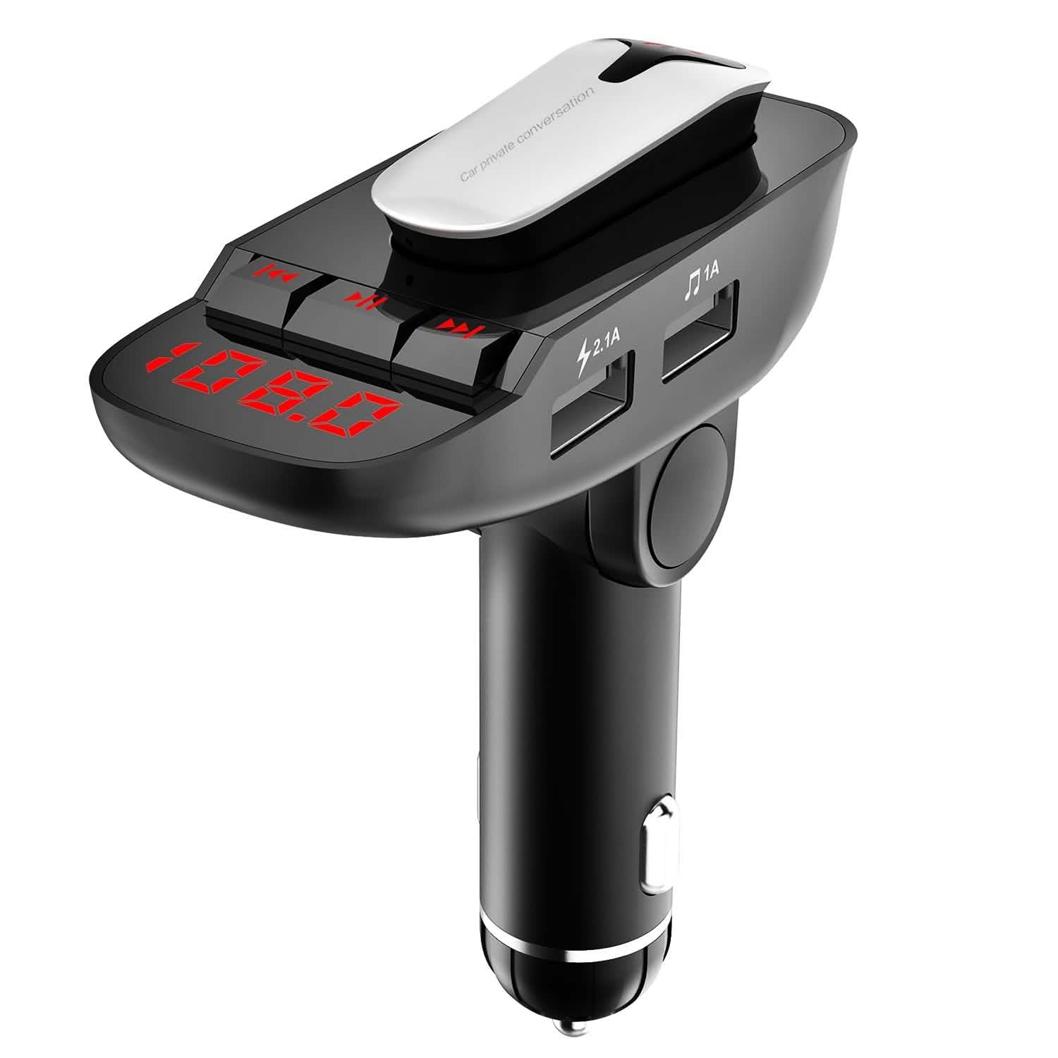 Car FM Transmitter with Wireless Earpiece 2 USB Charge Ports by DailySale