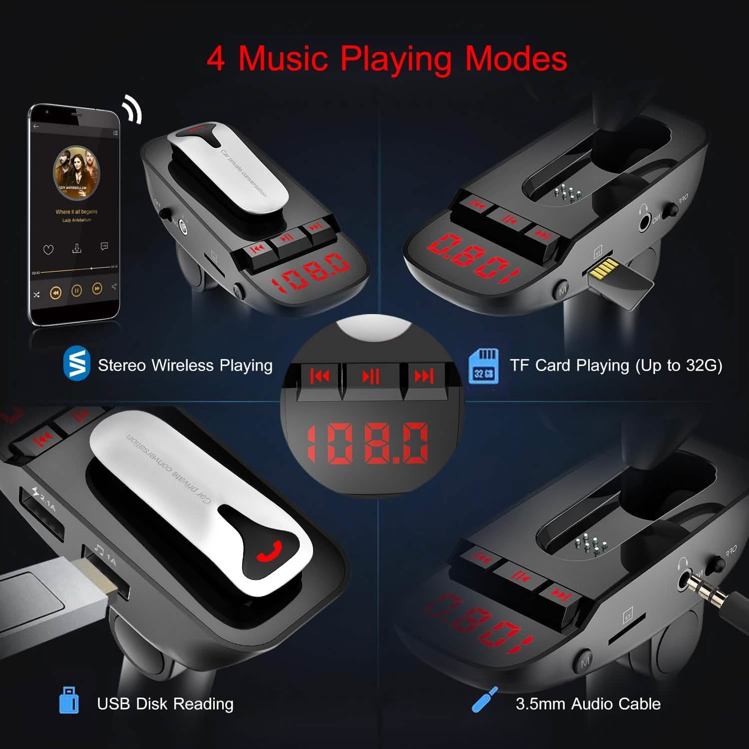 Car FM Transmitter with Wireless Earpiece 2 USB Charge Ports by DailySale