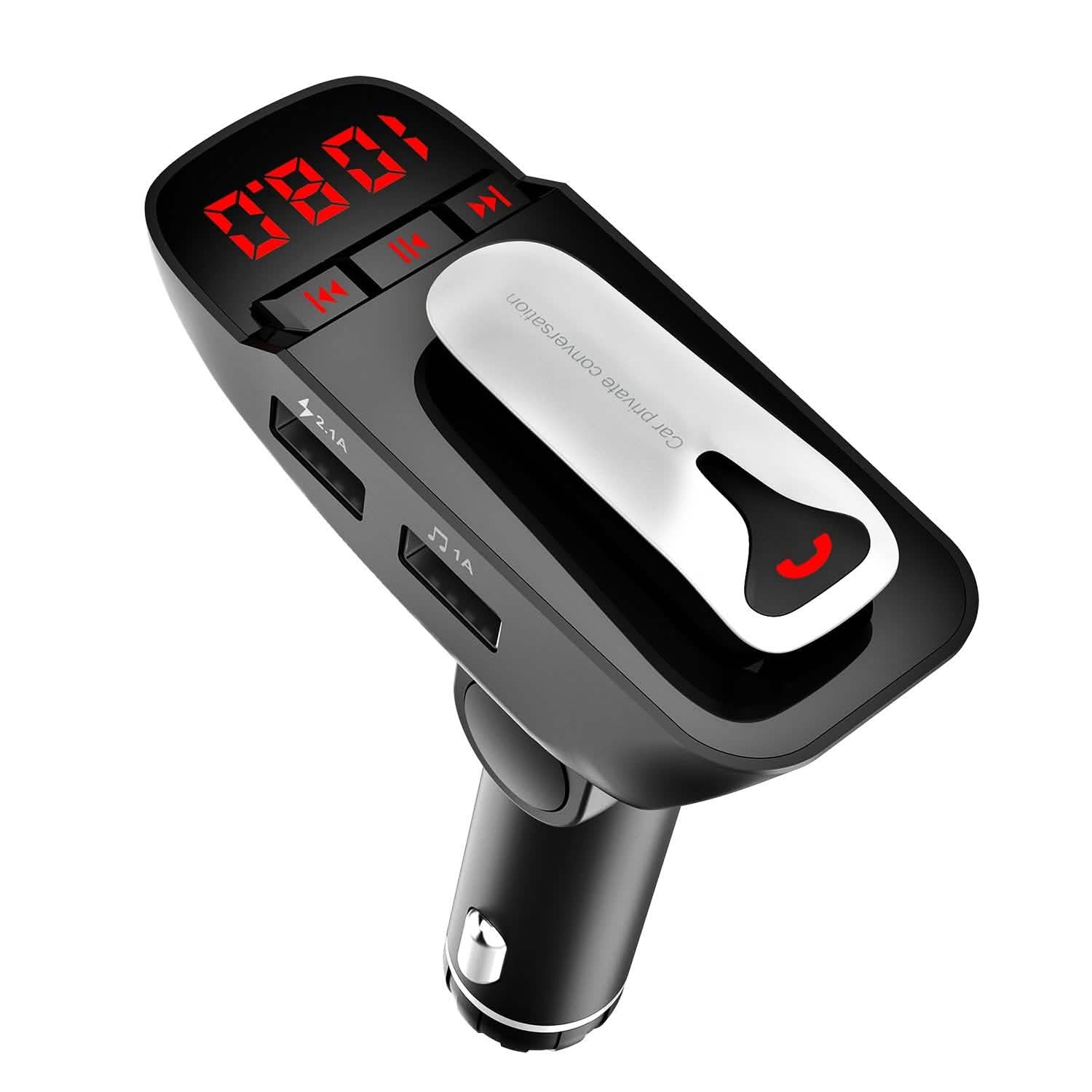 Car FM Transmitter with Wireless Earpiece 2 USB Charge Ports by DailySale