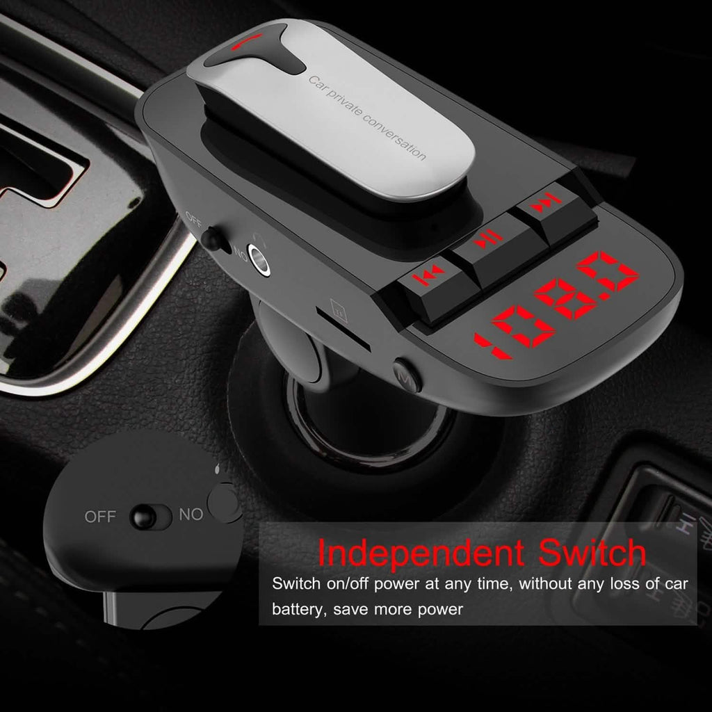 Car FM Transmitter with Wireless Earpiece 2 USB Charge Ports by DailySale