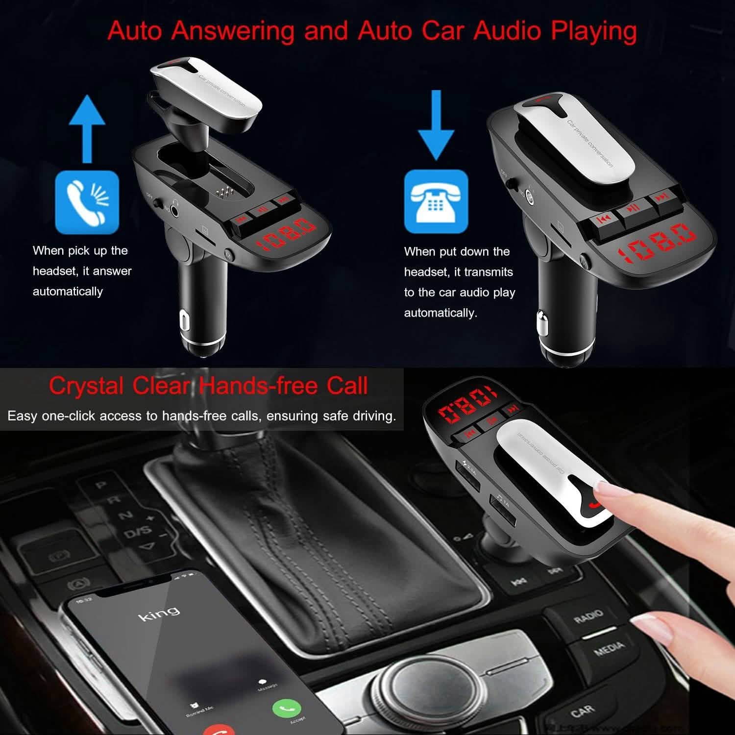 Car FM Transmitter with Wireless Earpiece 2 USB Charge Ports by DailySale