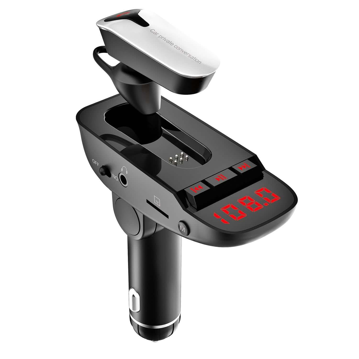 Car FM Transmitter with Wireless Earpiece 2 USB Charge Ports by DailySale