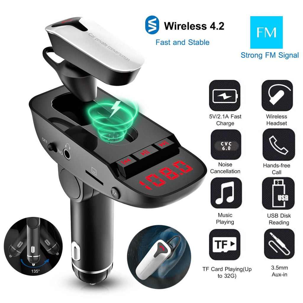 Car FM Transmitter with Wireless Earpiece 2 USB Charge Ports by DailySale