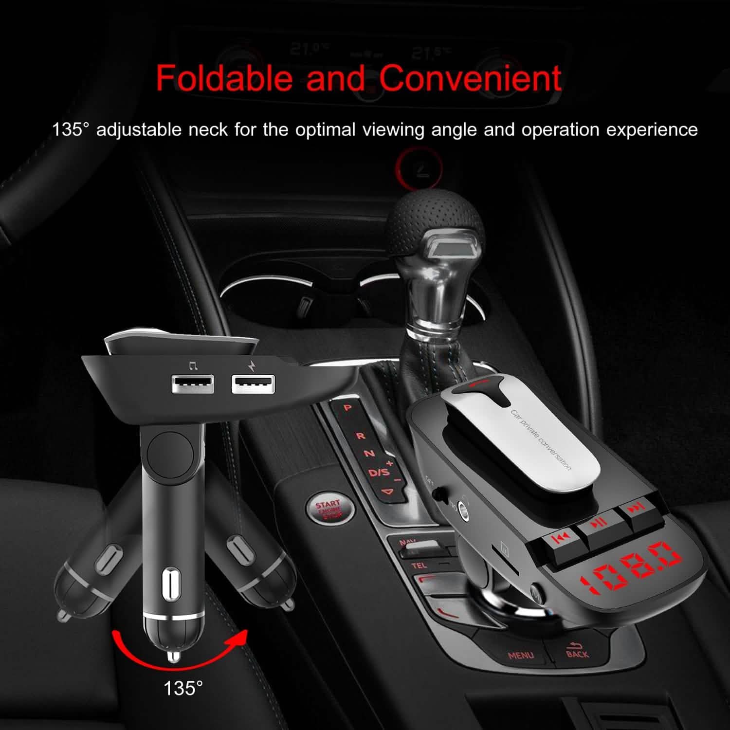 Car FM Transmitter with Wireless Earpiece 2 USB Charge Ports by DailySale