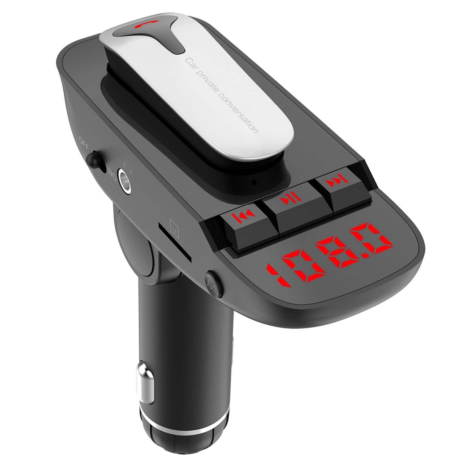 Car FM Transmitter with Wireless Earpiece 2 USB Charge Ports by DailySale