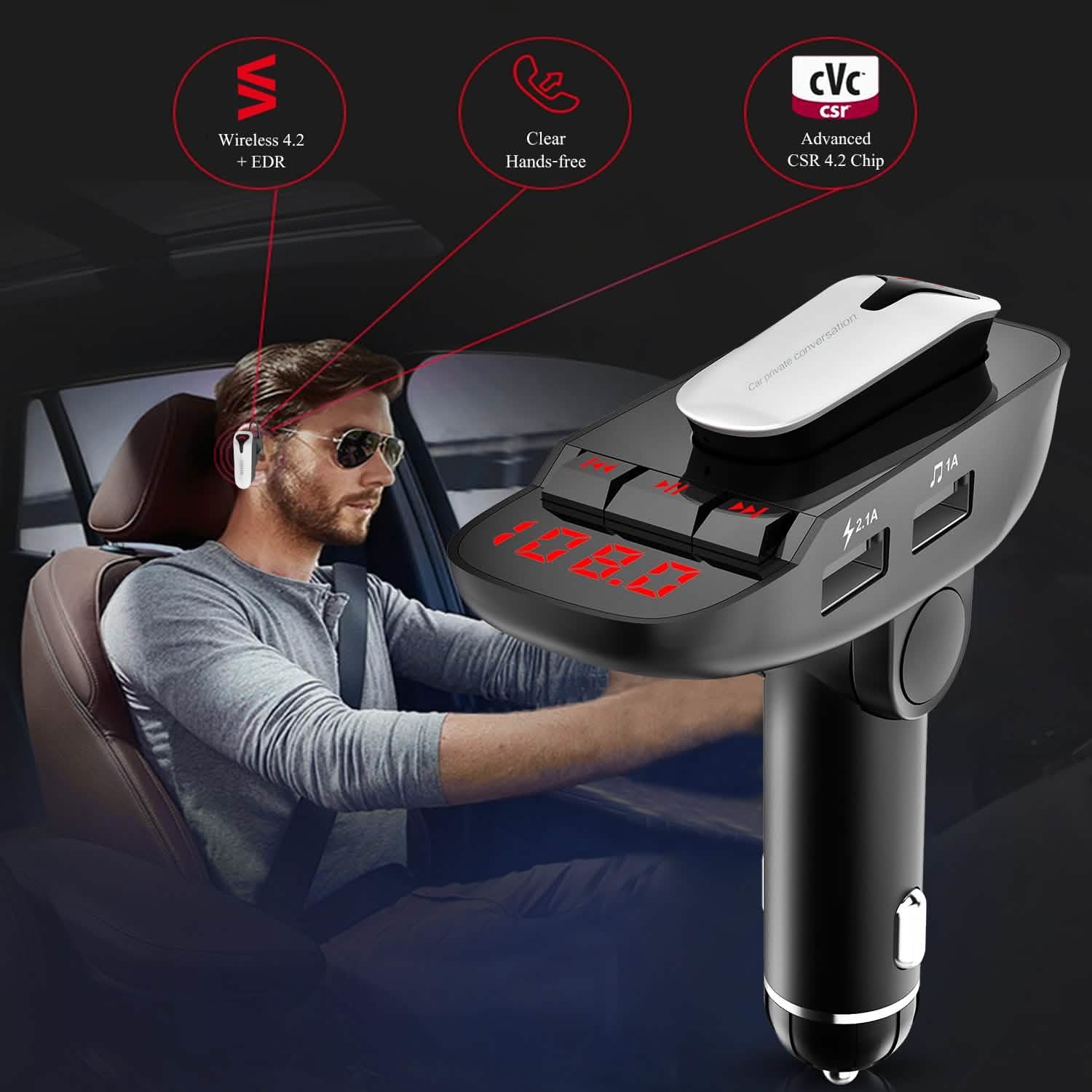 Car FM Transmitter with Wireless Earpiece 2 USB Charge Ports by DailySale