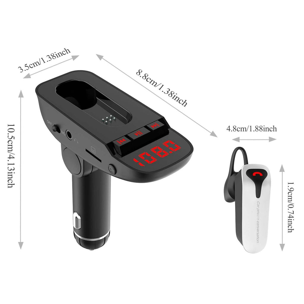 Car FM Transmitter with Wireless Earpiece 2 USB Charge Ports by DailySale