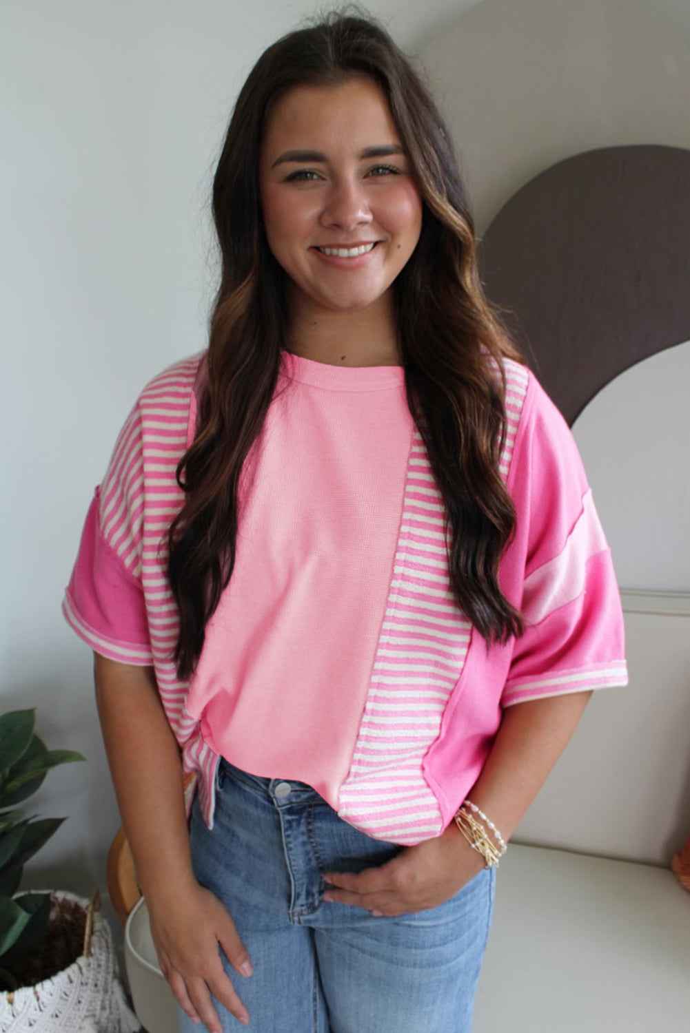 Pink Stripe Waffle Patchwork Loose T-Shirt