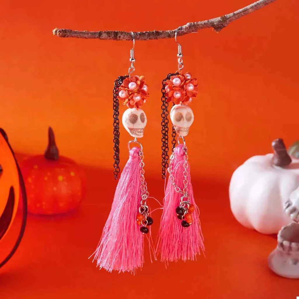 Sugar Skull Tassel Halloween Drop Earrings
