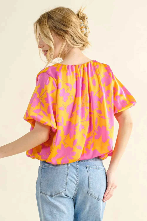 And The Why Full Size Printed Satin Bubble Hem Top by Wild and Free Boutique