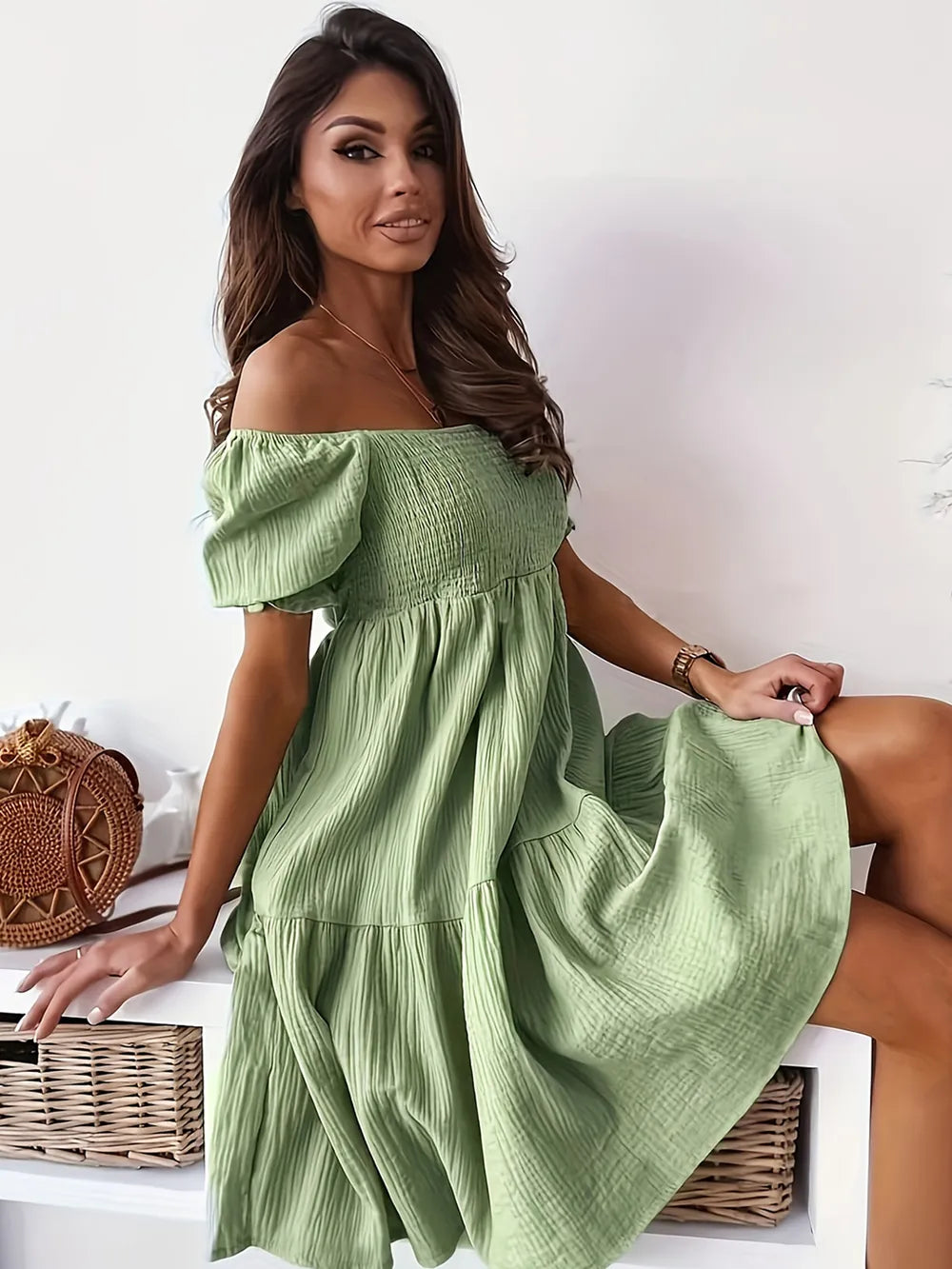 Ruffled Off-Shoulder Short Sleeve Dress by Shopiebay