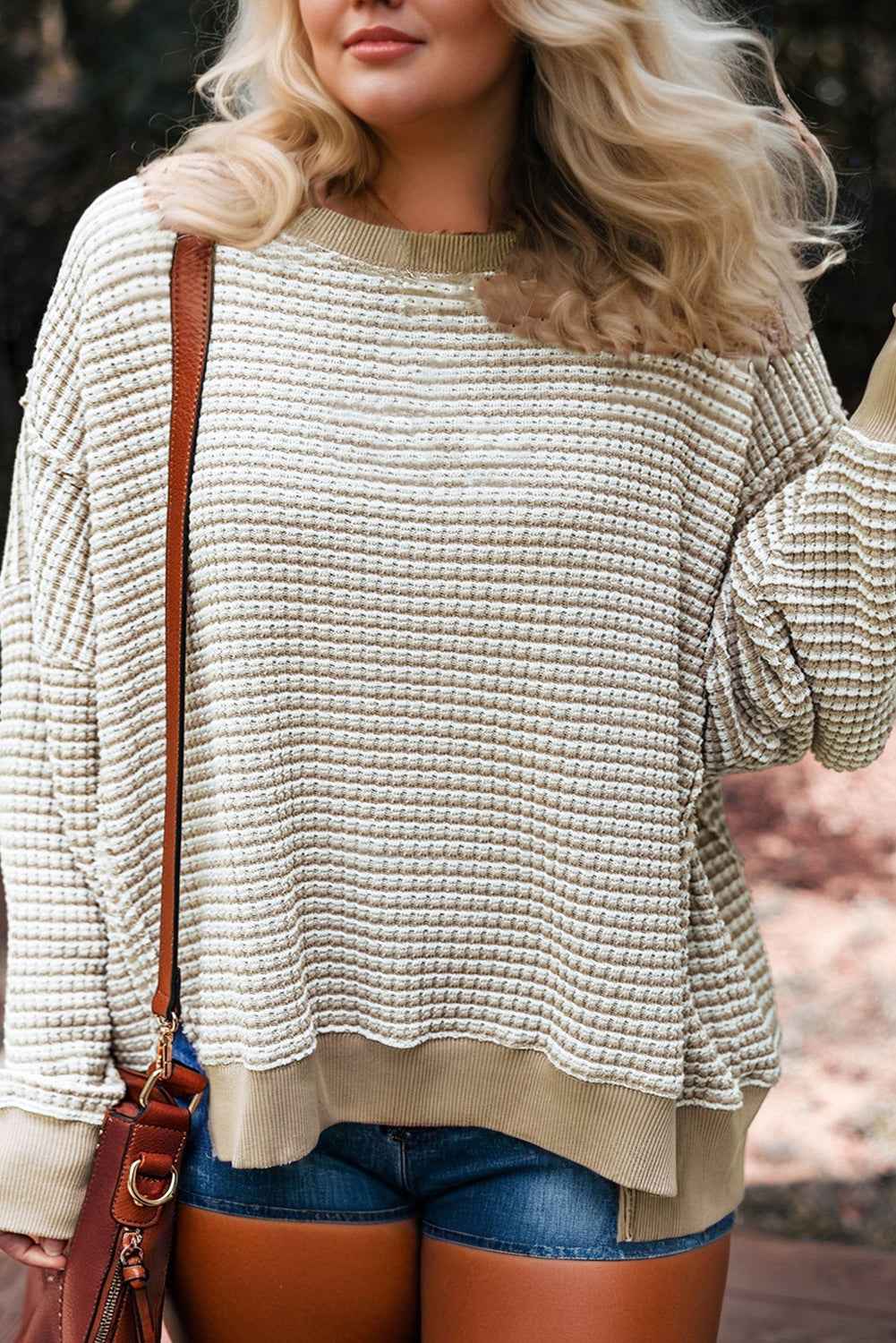 Brown Plus Size Stripe Ribbed Trim Drop Shoulder Long Sleeve Oversized Top