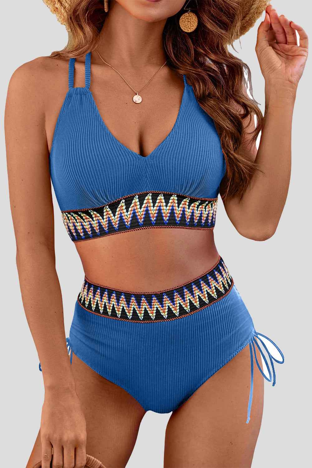 Sky Blue Ribbed Knit Tribal Contrast Detail 2pcs High Waist Swimsuit