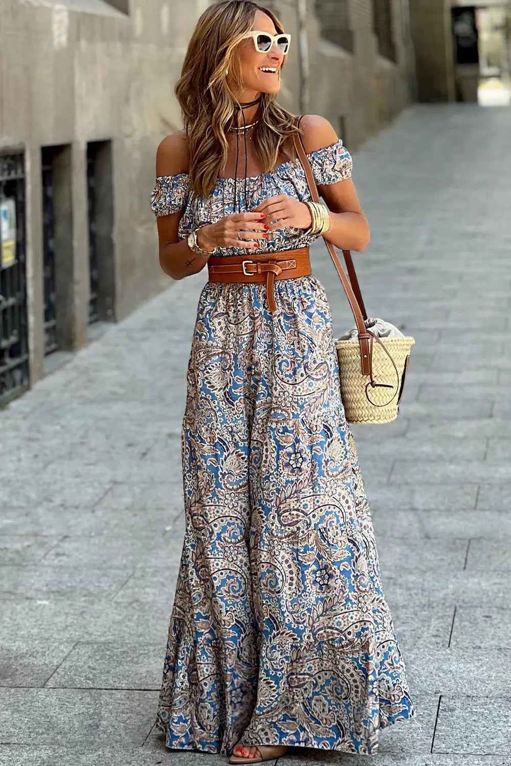 Blue Paisley Print Boho Off Shoulder Maxi Dress