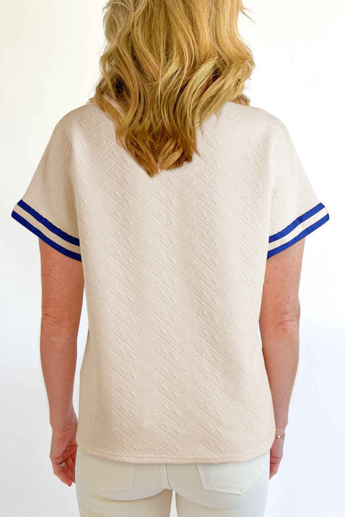 Beige Preppy Striped Trim Textured Quarter Zipper Colorblock Short Sleeve Top by Wild and Free Boutique