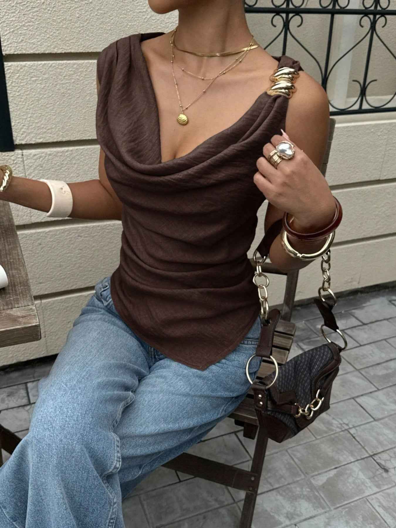 Chocolate Asymmetrical Cowl Neck Tank Top