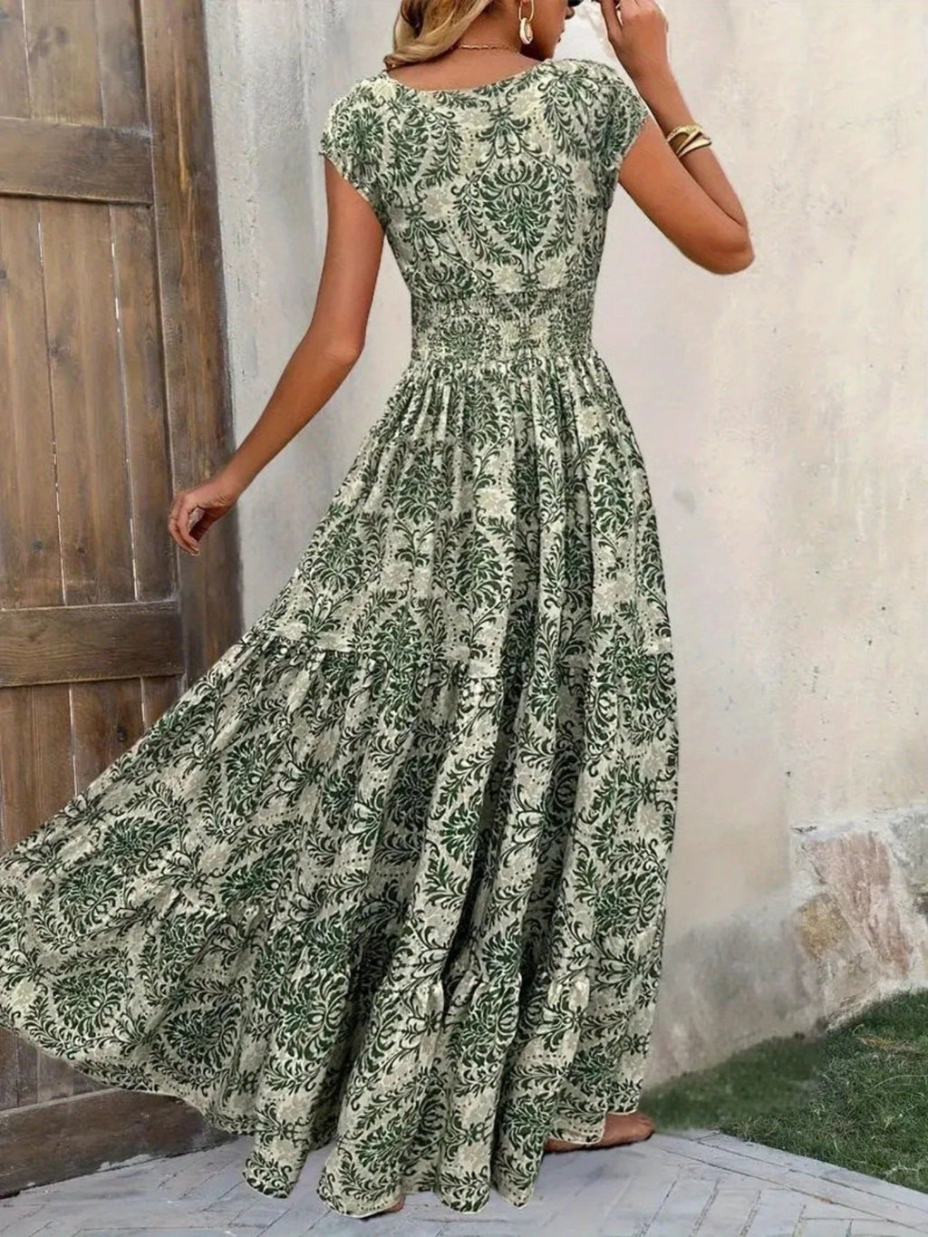 Printed Cap Sleeve Maxi Dress by Shopiebay