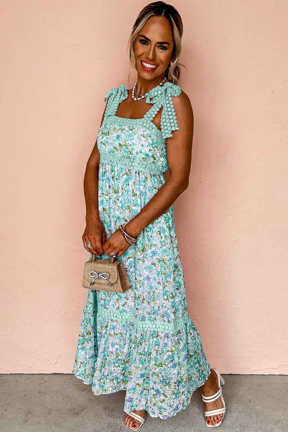 Green Floral Lace Tied Strap Empire Waist Maxi Dress