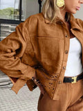 Solid Color Faux Suede Hollowed Detail Retro Style Jacket