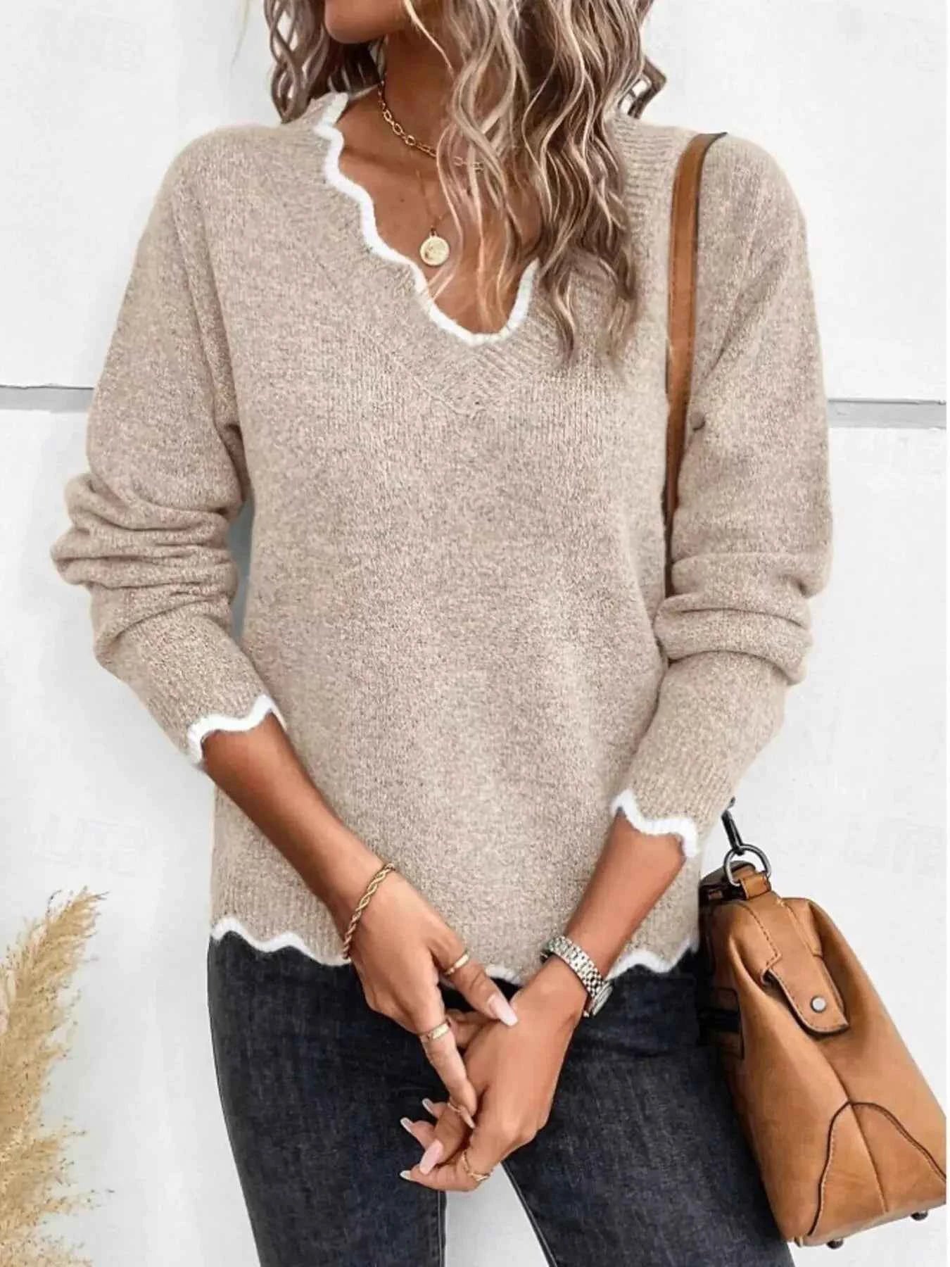 Scalloped Trim Plus Size V Neck Sweater