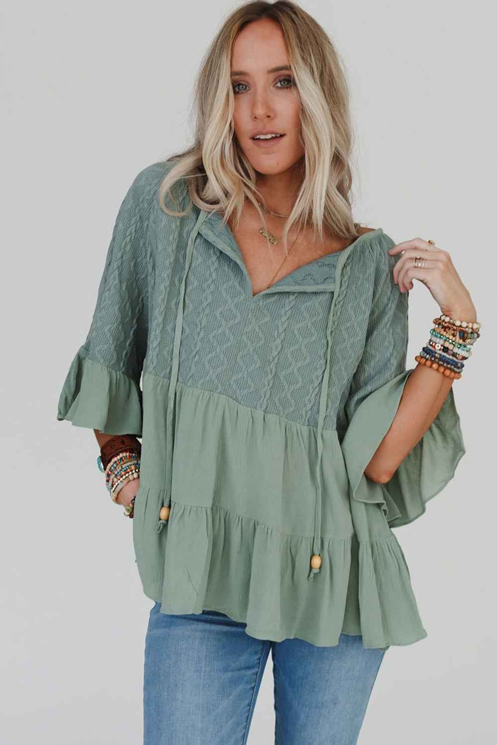 Laurel Green Tie Split Neck Textured Ruffle Patchwork Blouse