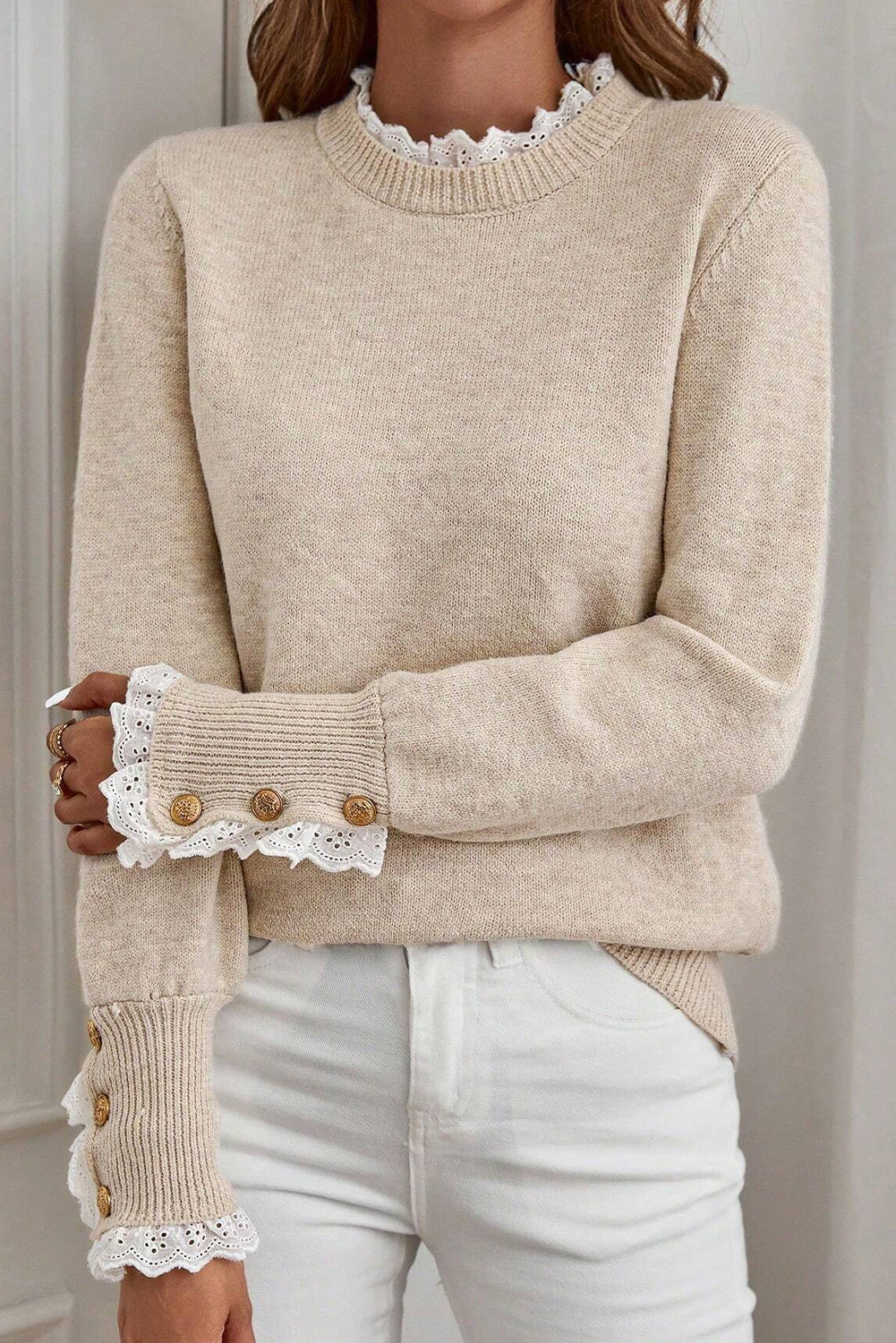 Racing Red Lace Trim Patchwork Buttoned Cuffs Loose Sweater
