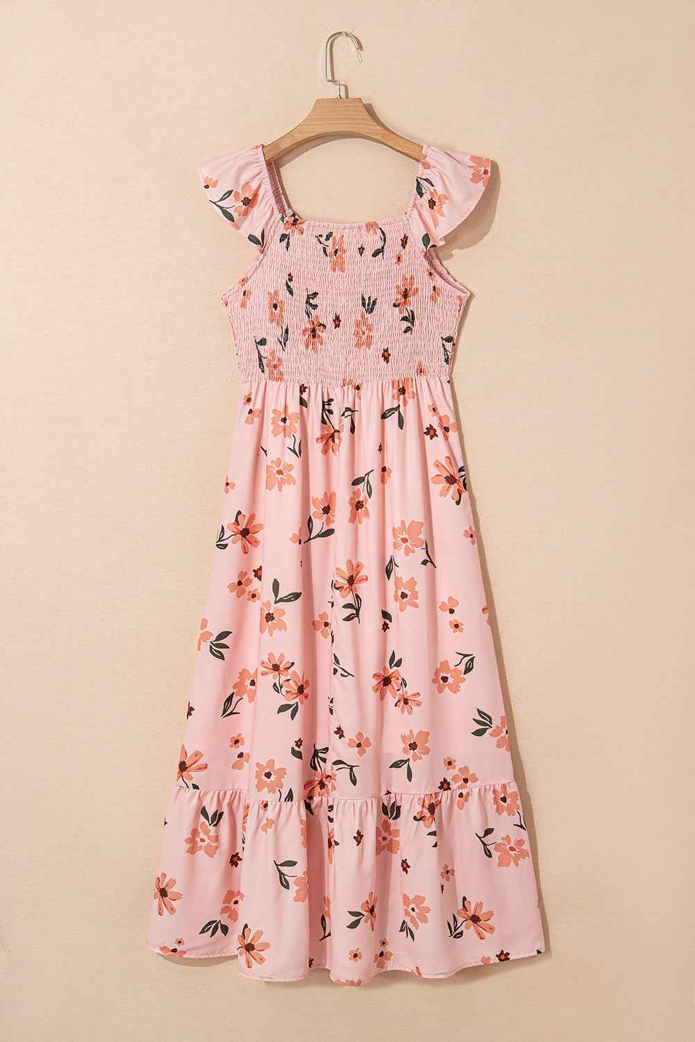 Pink Floral V Neck Smocked High Waist Ruffle Hem Maxi Dress