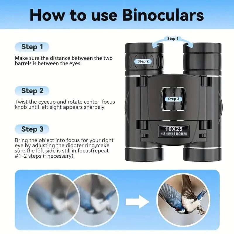 High Powered Mini Pocket Binoculars 10x25 with Phone Adapter – Compact, Lightweight, Portable – Black by DailySale