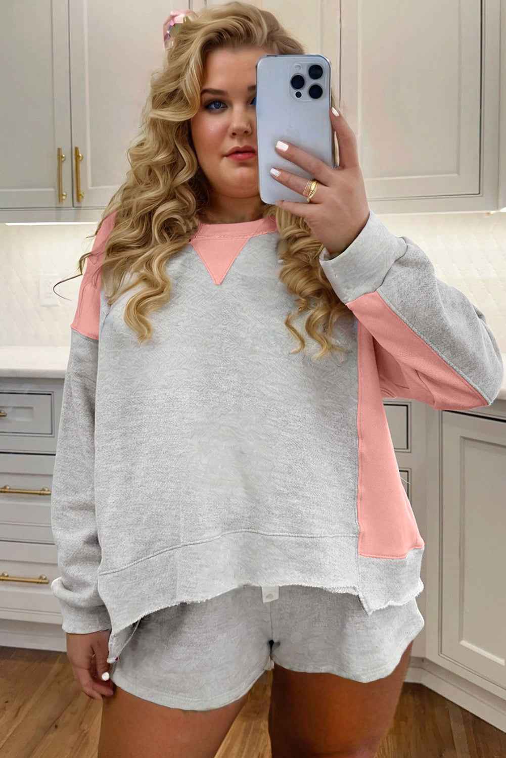 Light Grey Uneven Hem Colorblock Patchwork Pullover Shorts Plus Size 2pcs Outfit by Wild and Free Boutique