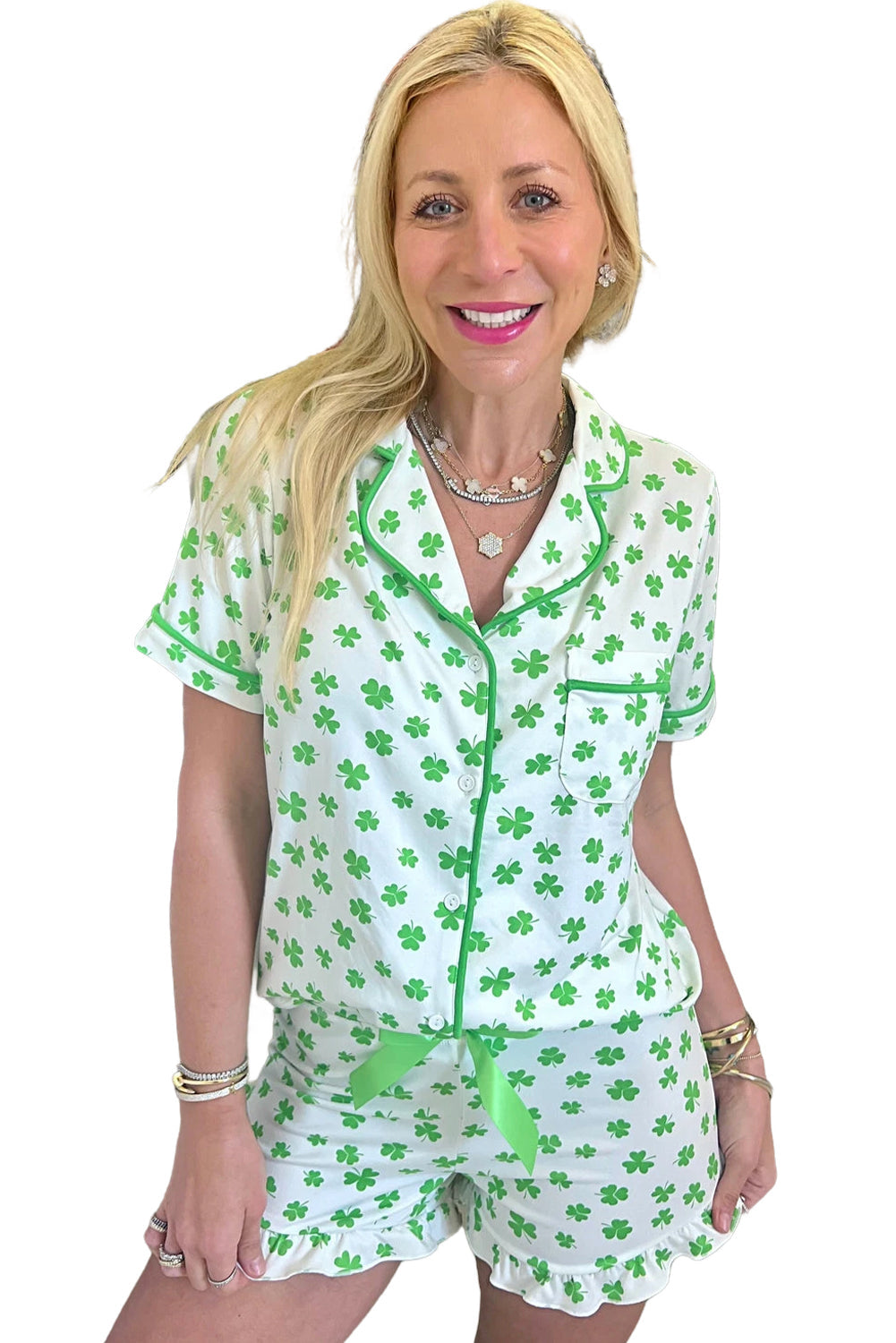 Pink Bowknot Print Shirt and Ruffle Hem Shorts Pajama Set