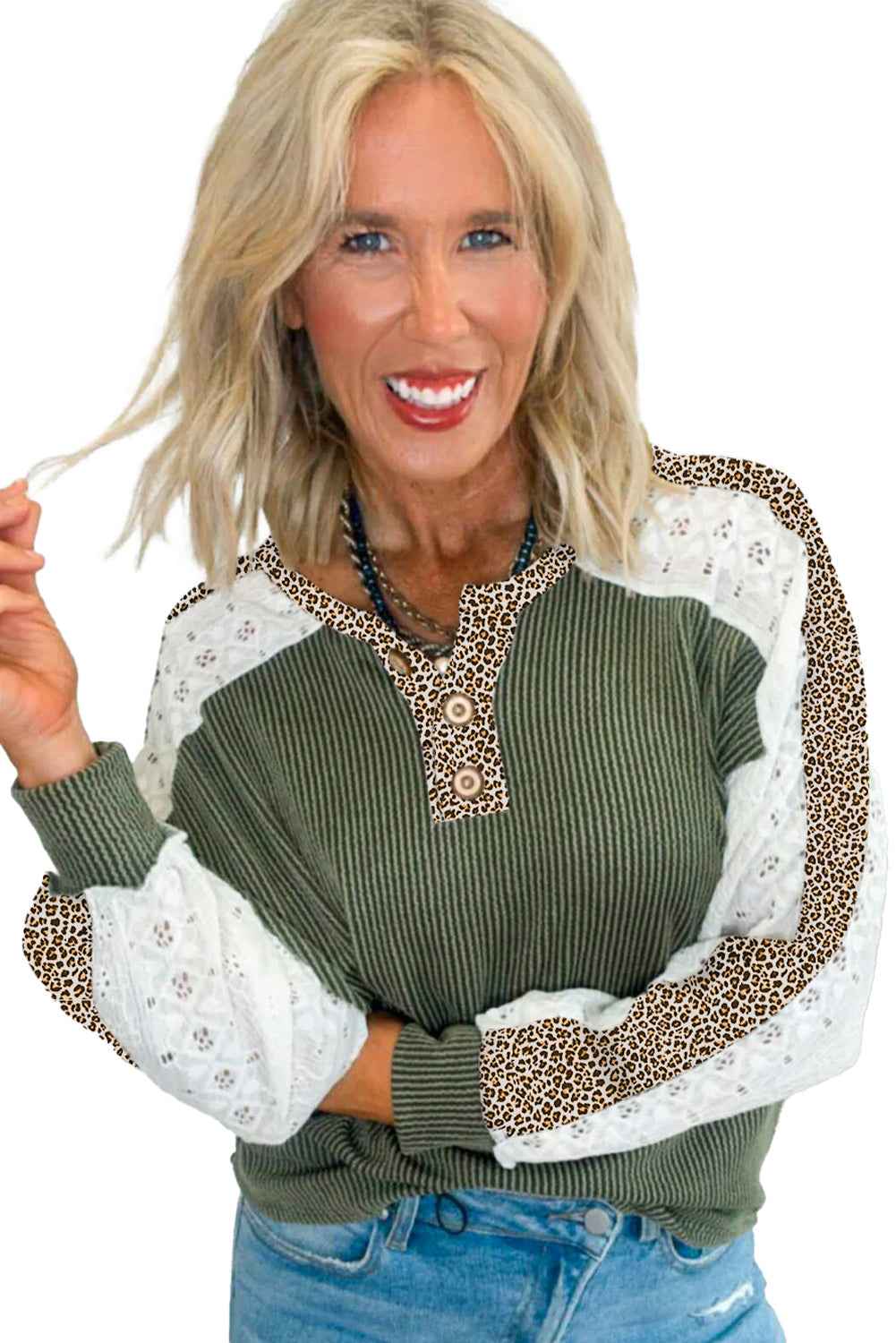 Vineyard Green Texture Patchwork Lace Sleeve Leopard Henley Top