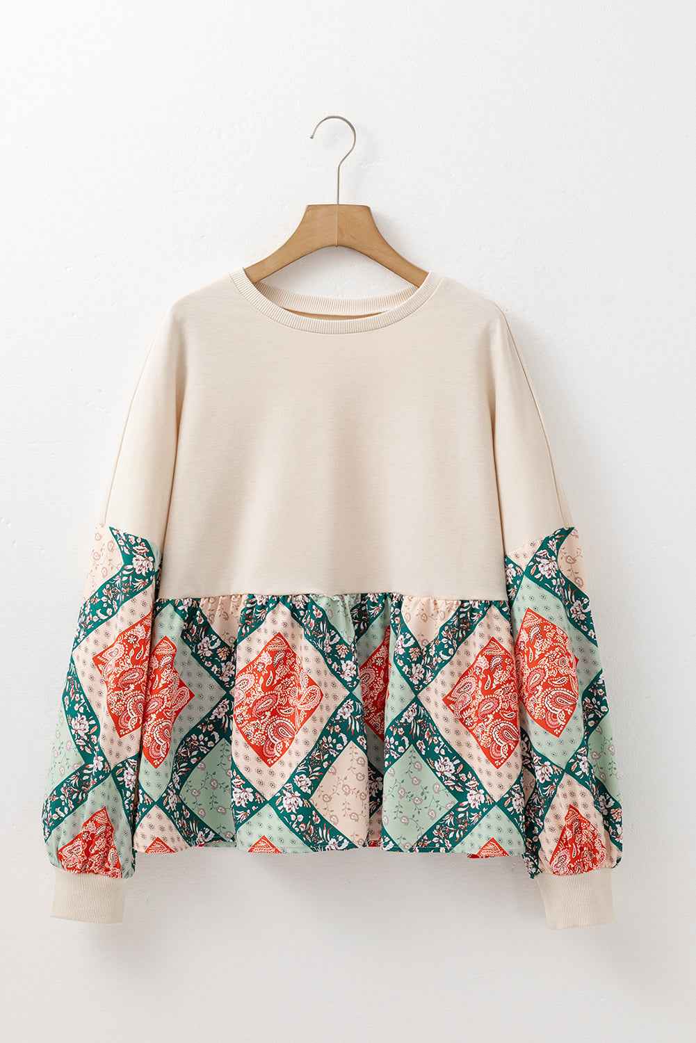 Jet Stream Paisley Geometric Patchwork Crew Neck Loose Fit Top