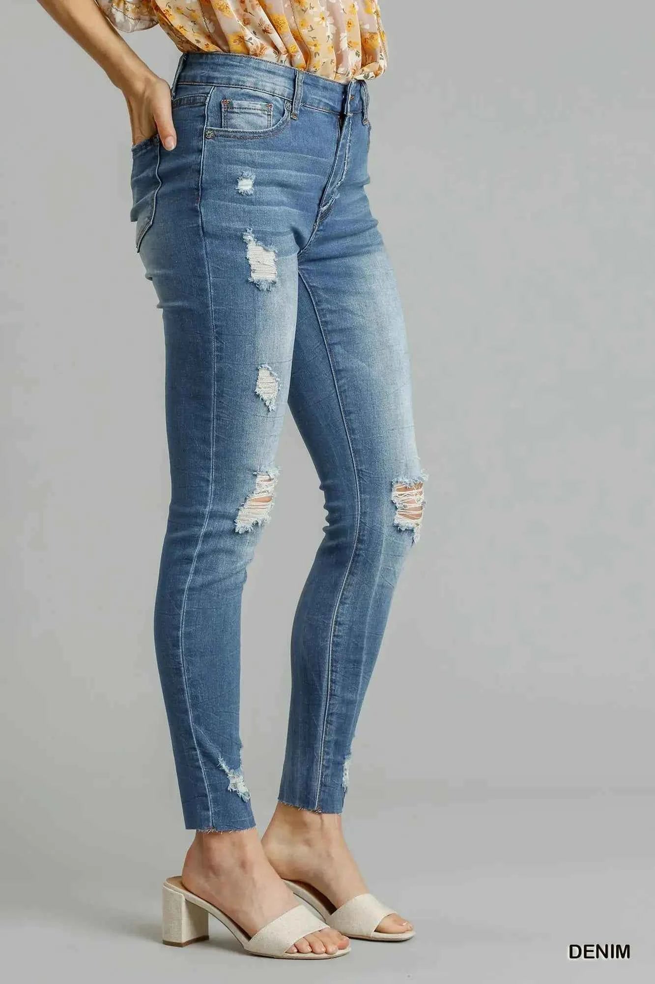 Umgee High Waist Distressed Skinny Jeans with Raw Hem