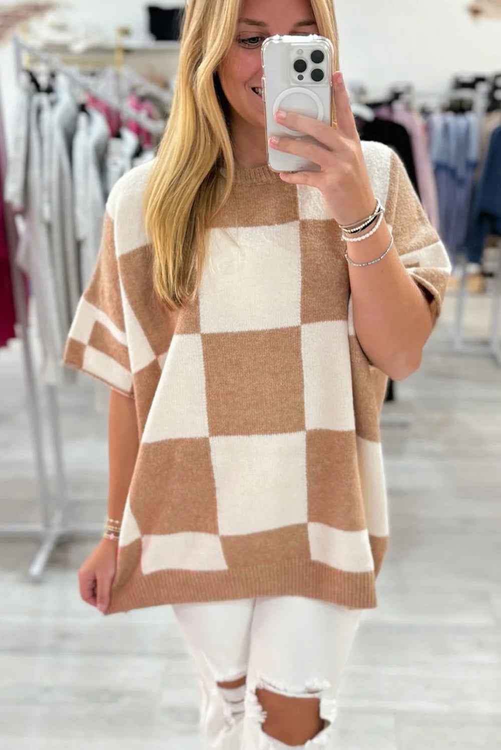 Light French Beige Checkered Pattern Loose Short Sleeve Sweater