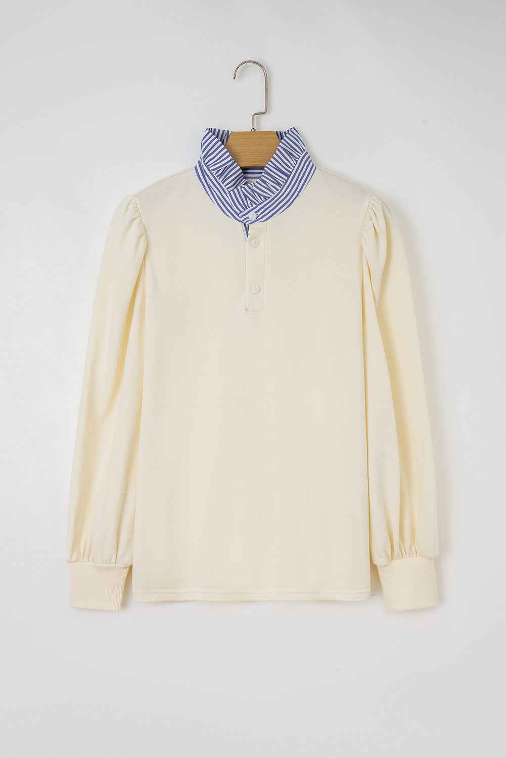 White Button Striped Collar Patchwork Puff Sleeve Sweatshirt