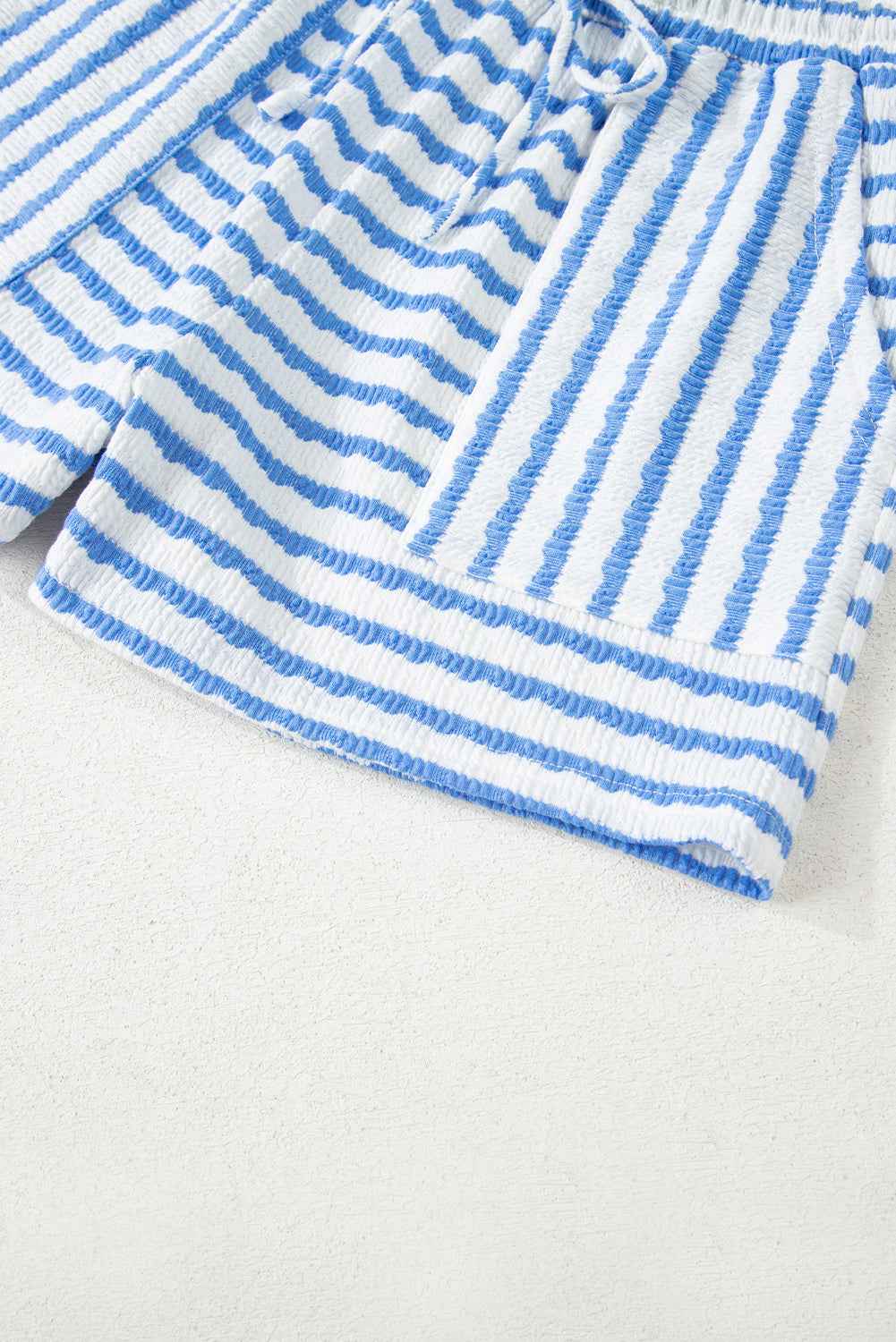 Sky Blue Stripe Knitted Short Sleeve Top and Drawstring Shorts Set