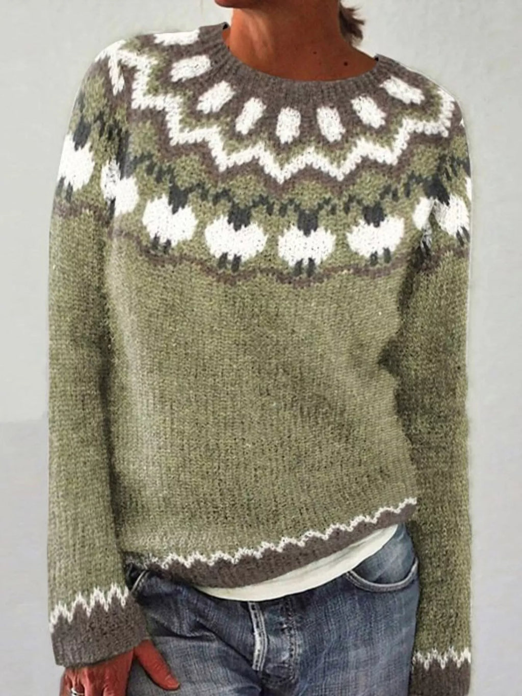 Full Size Vintage Patterned Round Neck Sweater Plus Size