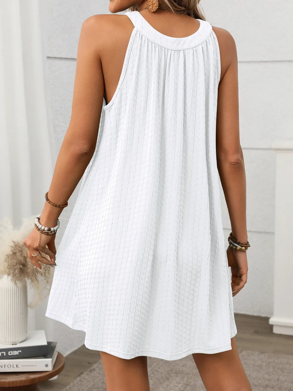 Textured Grecian Neck Mini Dress by Shopiebay