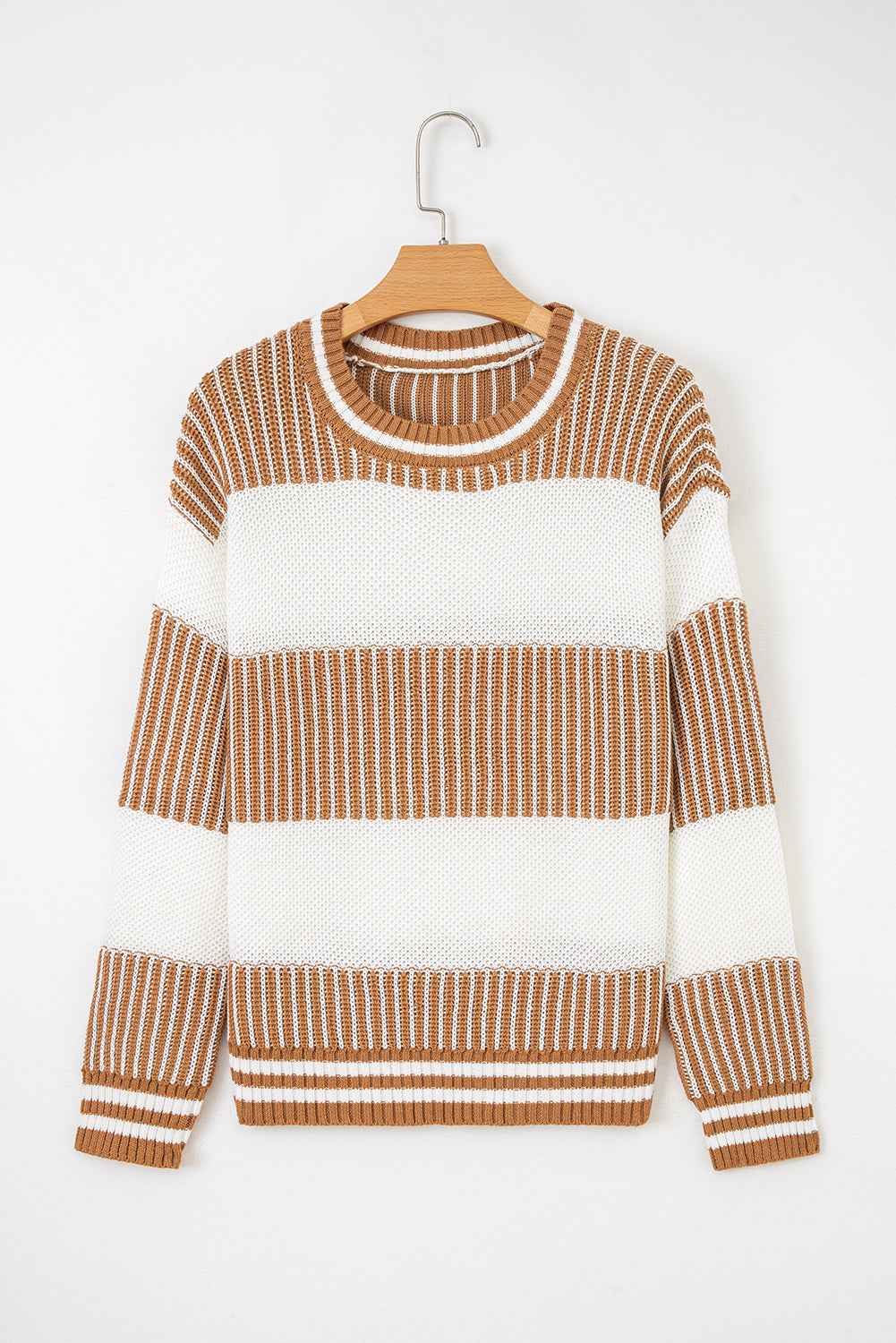 Khaki Two Tone Striped Patchwork Drop Shoulder Loose Sweater
