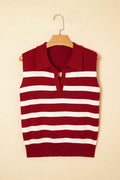 Red Stripe Collared Split Neck Sweater Vest