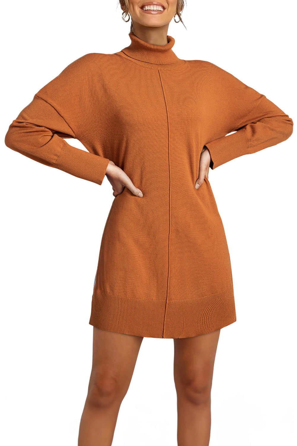 Black Solid Color Turtleneck Drop Shoulder Loose Sweater Dress
