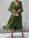 Flowy Tie Front Midi Dress with Flutter Sleeves by Shopiebay