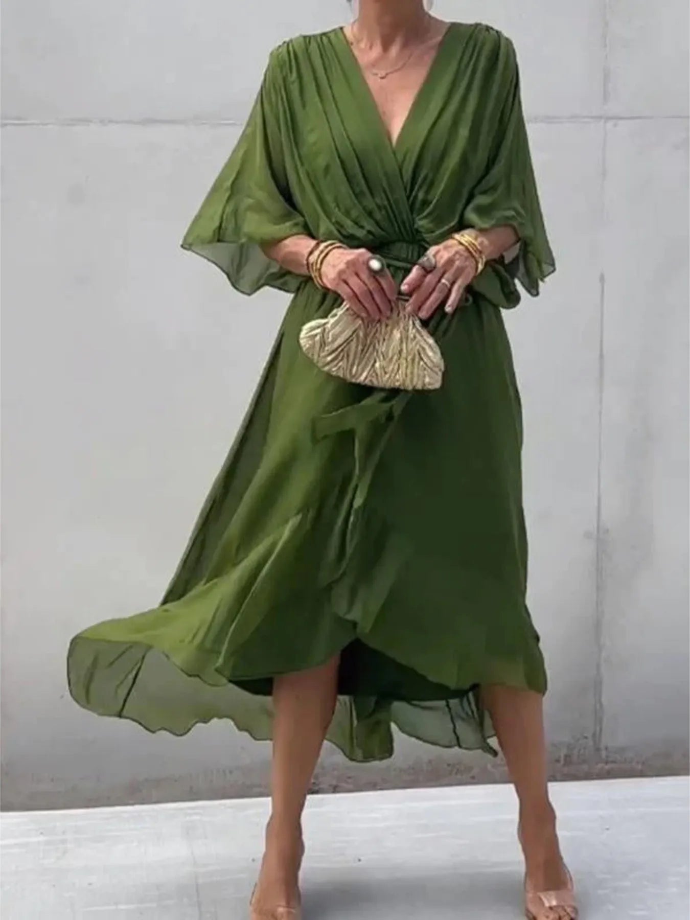 Flowy Tie Front Midi Dress with Flutter Sleeves by Shopiebay