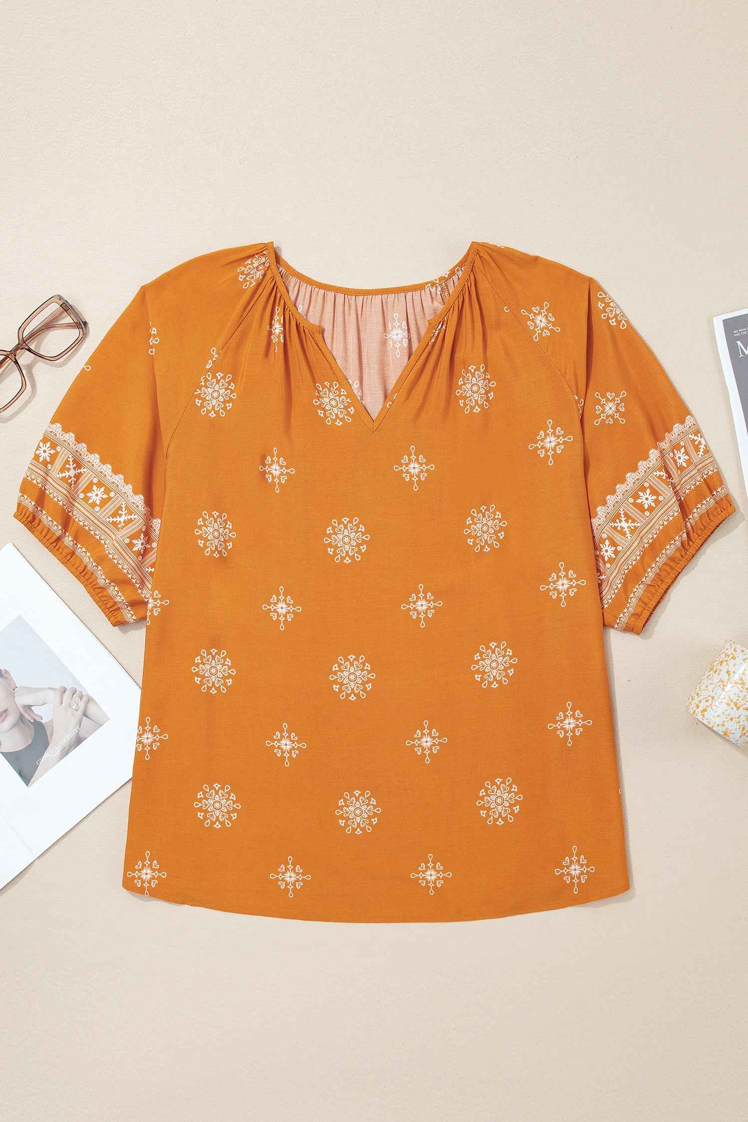 Yellow Boho Chic Notched V Neck Plus Floral Short Sleeve Top
