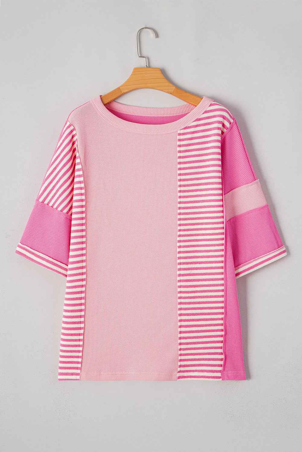 Pink Stripe Waffle Patchwork Loose T-Shirt