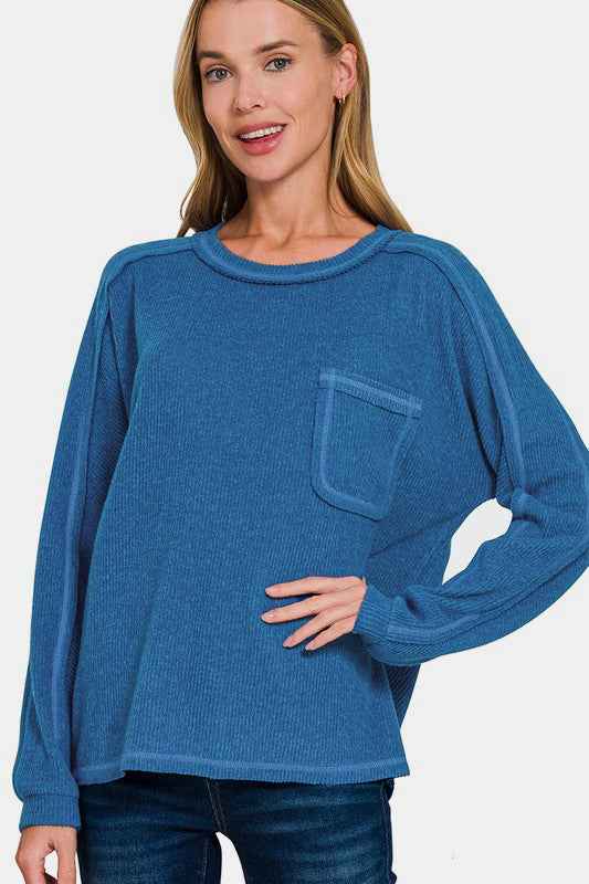 Zenana Full Size Contrast Stitching Brushed Ribbed Hacci Knit Top Plus Size