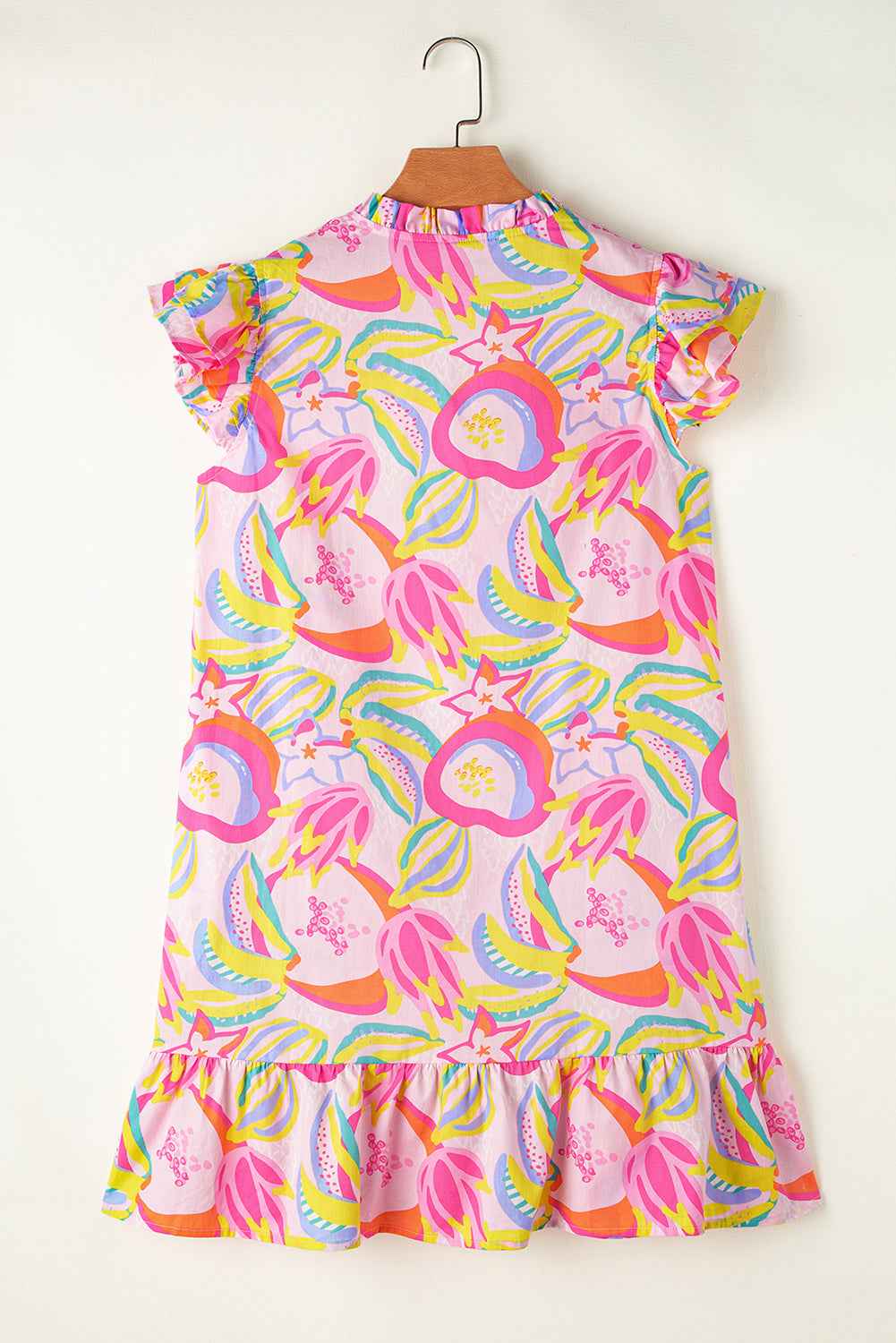 Pink Abstract Floral Ruffle Trim Flutter Sleeve Buttoned Dress